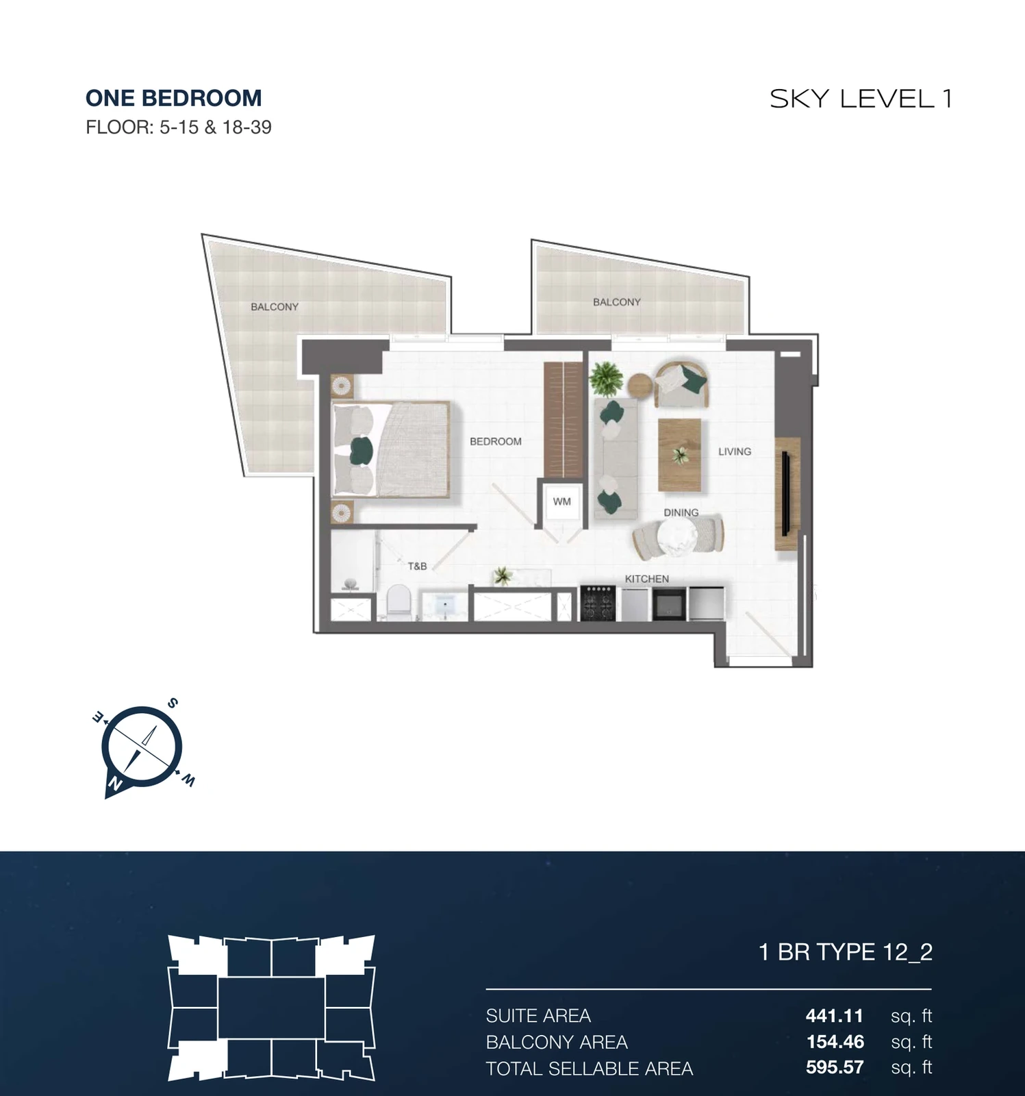 Sky Level 1 1-bedroom Type 12-2 apartment floor plan in Sky Level 1, 595.57 sq ft