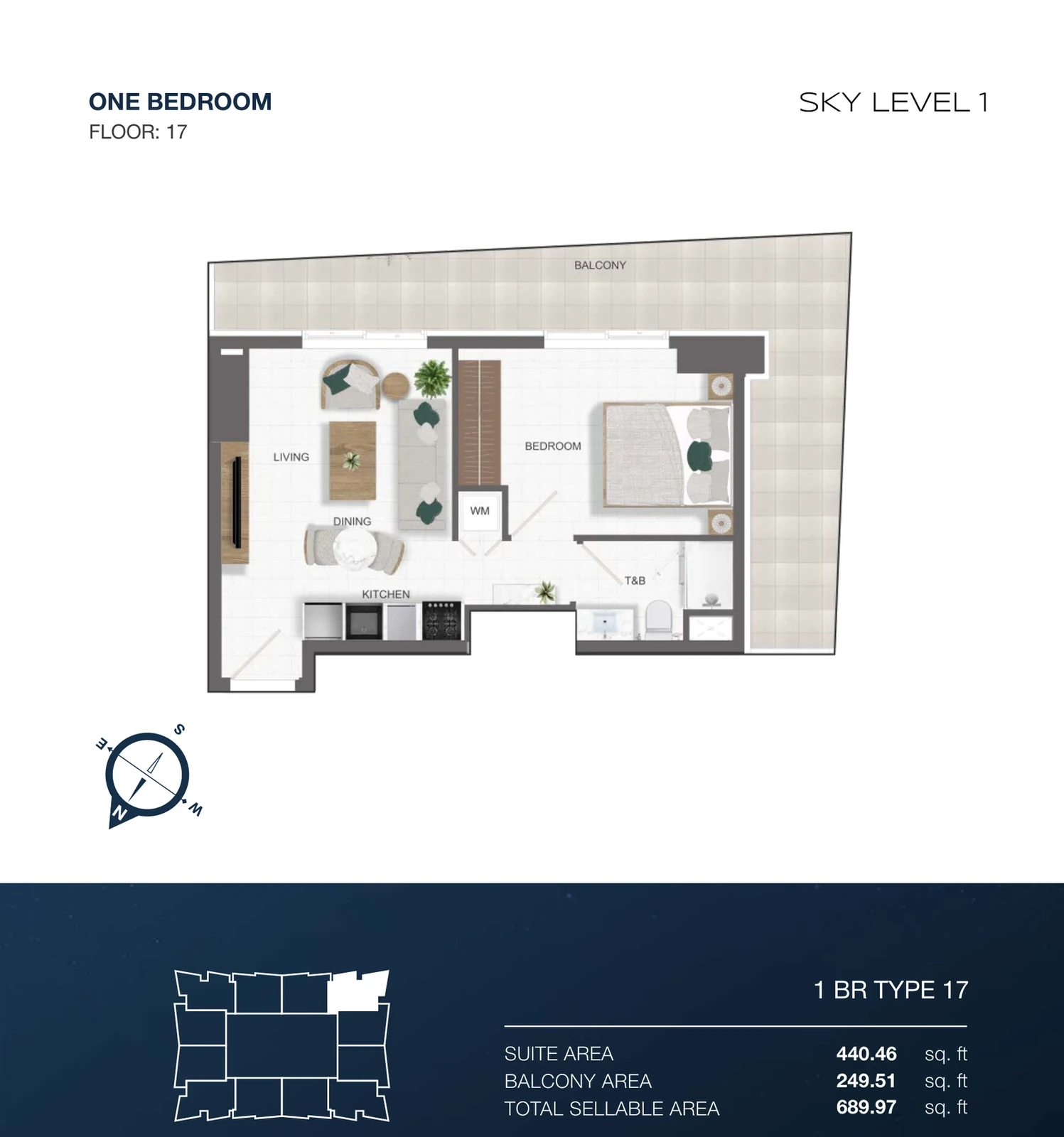 Sky Level 1 1-bedroom Type 17 apartment floor plan in Sky Level 1, 689.97 sq ft