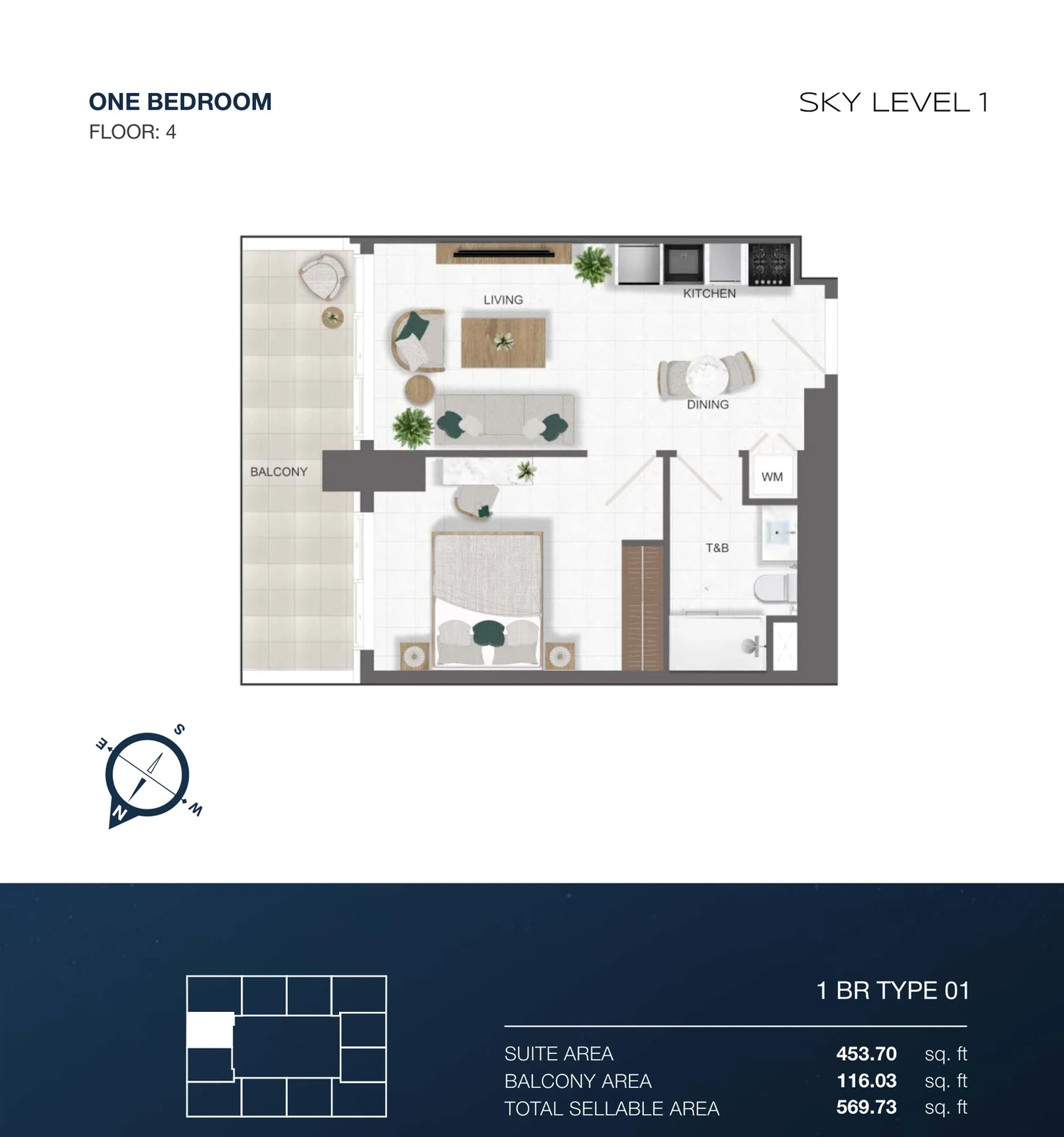 Sky Level 1 1-bedroom Type 01 apartment floor plan in Sky Level 1, 569.73 sq ft