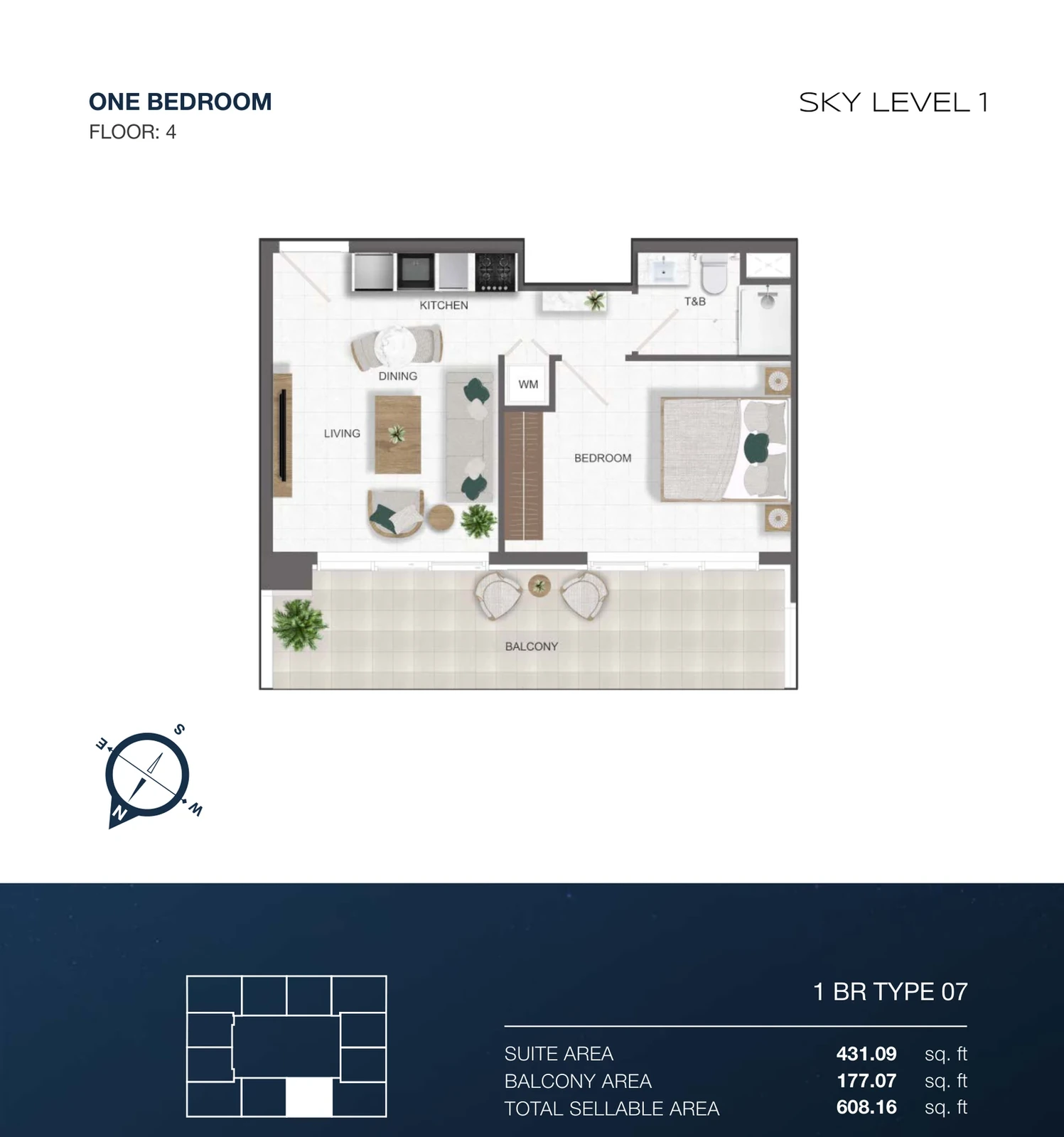 Sky Level 1 1-bedroom Type 07 apartment floor plan in Sky Level 1, 608.16 sq ft
