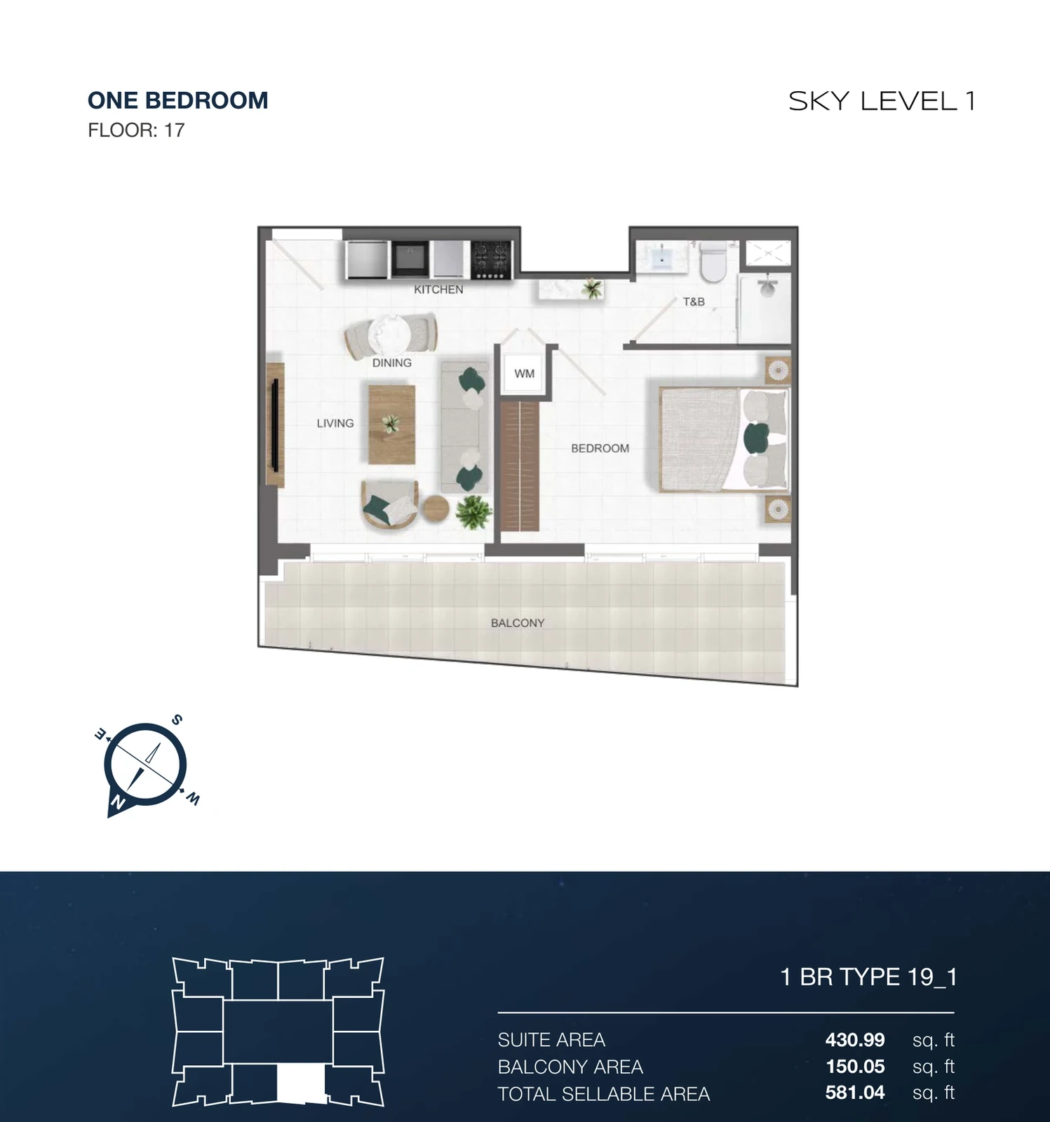 Sky Level 1 1-bedroom Type 19-1 apartment floor plan in Sky Level 1, 581.04 sq ft