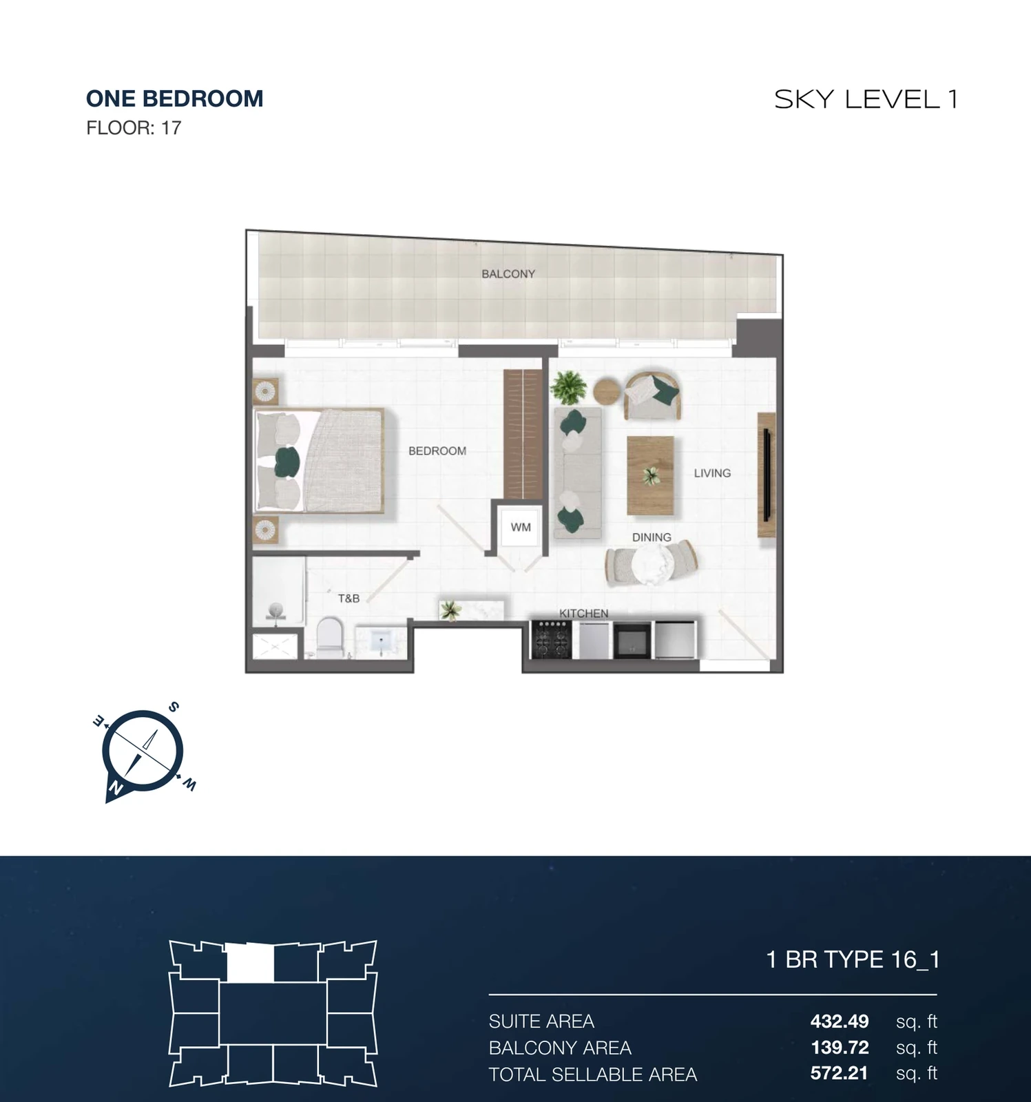 Sky Level 1 1-bedroom Type 16-1 apartment floor plan in Sky Level 1, 572.21 sq ft