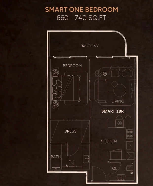 Weston by Wadan 1-bedroom Smart apartment floor plan, 660-740 sq ft