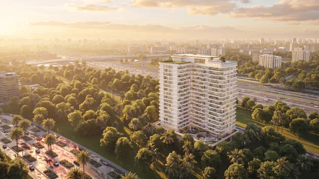 Aerial exterior view of Weston by Wadan in Dubai Land Residence Complex
