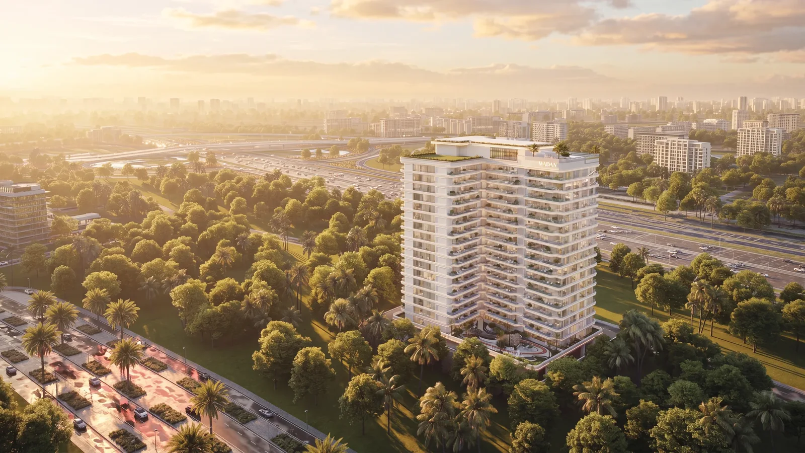 Aerial exterior view of Weston by Wadan in Dubai Land Residence Complex