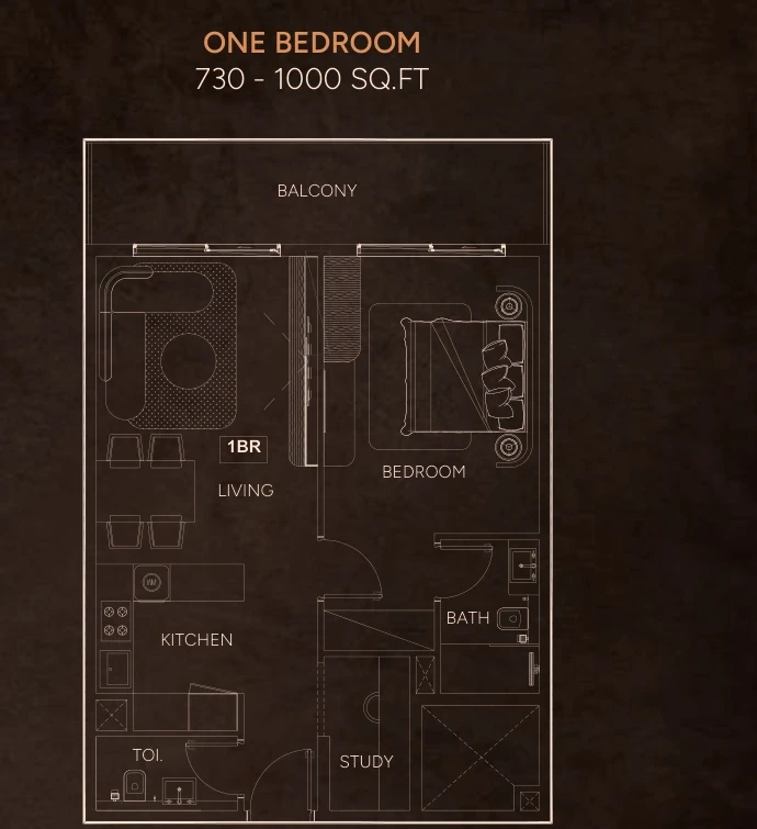 Weston by Wadan 1-bedroom Standard apartment floor plan, 730-1000 sq ft