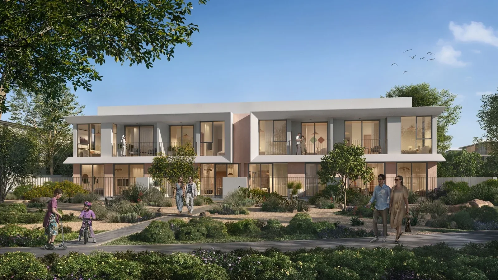 Alva at The Valley townhouse exterior with landscaped pedestrian gardens