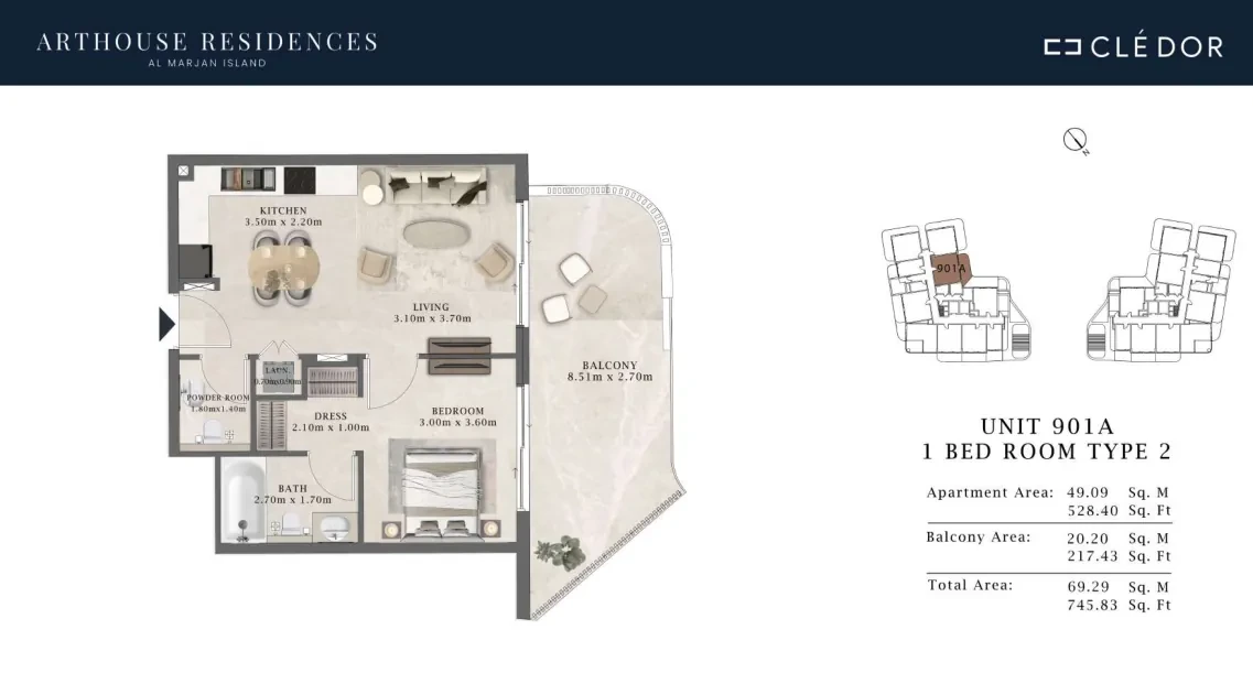 Arthouse Residences Unit 901A 1 bedroom Type 2 floor plan, 745.83 sq ft