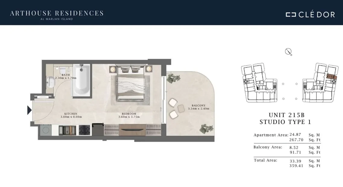 Arthouse Residences Unit 215B studio Type 1 floor plan, 359.41 sq ft