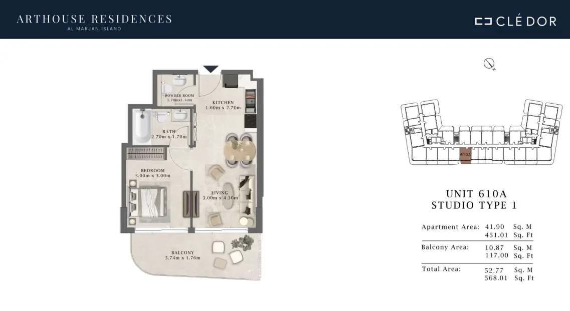 Arthouse Residences Unit 610A studio Type 1 floor plan, 568.01 sq ft