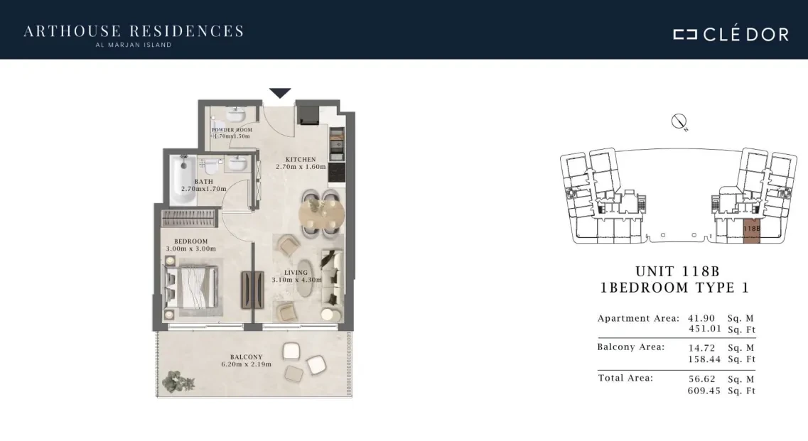 Arthouse Residences Unit 118B 1 bedroom Type 1 floor plan, 609.45 sq ft