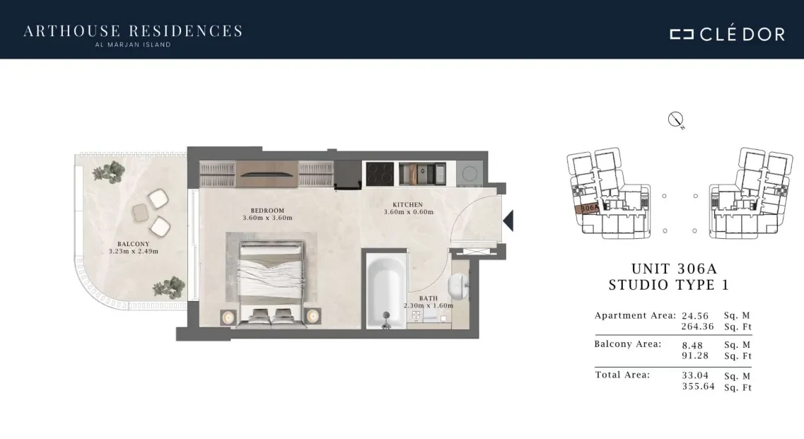 Arthouse Residences Unit 306A studio Type 1 floor plan, 355.64 sq ft