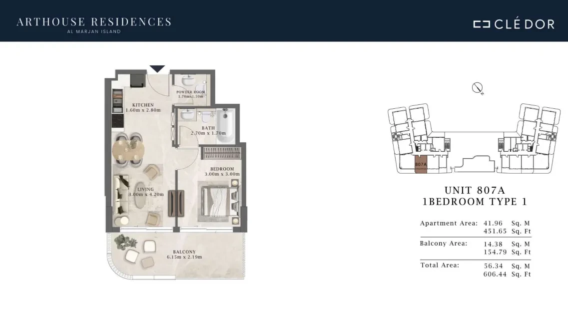 Arthouse Residences Unit 807A 1 bedroom Type 1 floor plan, 606.44 sq ft
