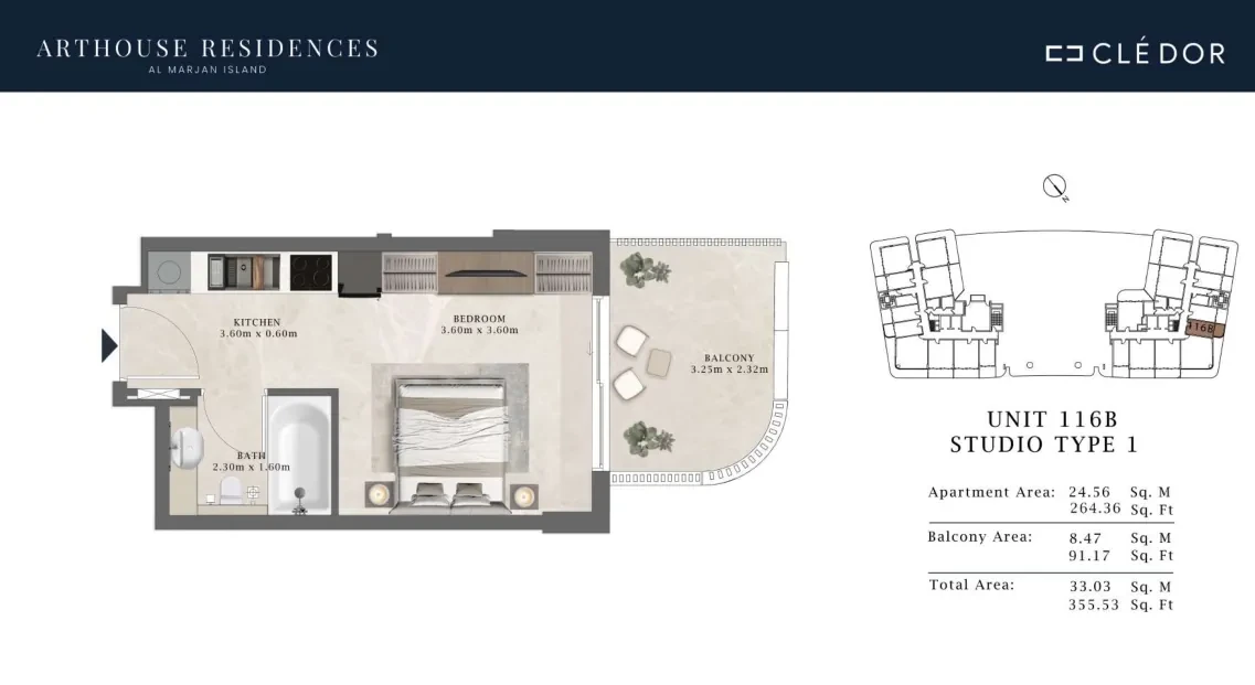 Arthouse Residences Unit 116B studio Type 1 floor plan, 355.53 sq ft
