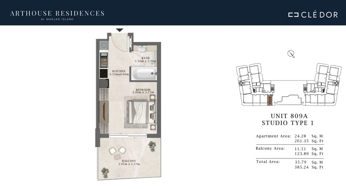 Arthouse Residences Unit 809A studio Type 1 floor plan, 385.24 sq ft
