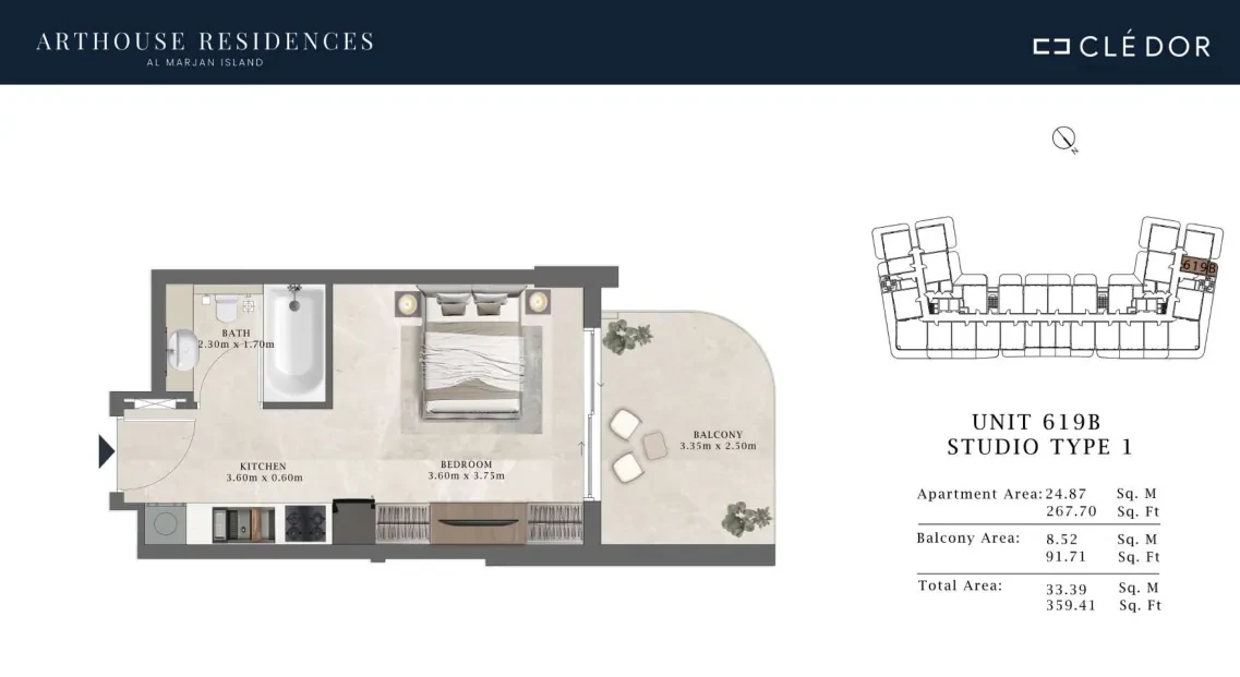 Arthouse Residences Unit 619B studio Type 1 floor plan, 359.41 sq ft