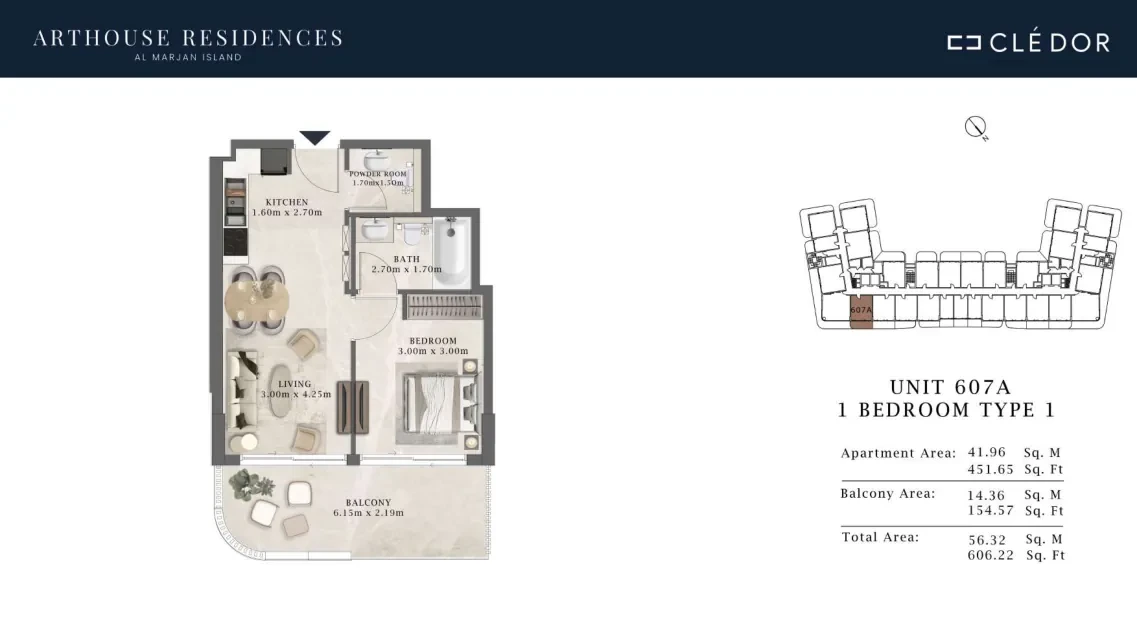 Arthouse Residences Unit 607A 1 bedroom Type 1 floor plan, 606.22 sq ft