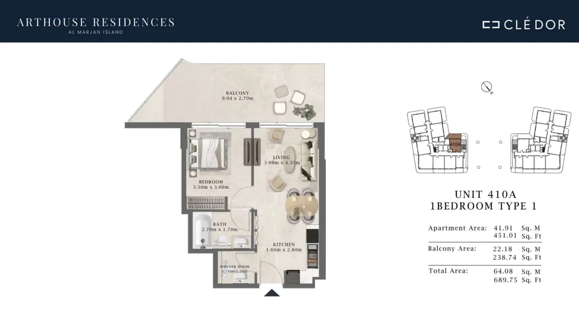 Arthouse Residences Unit 410A 1 bedroom Type 1 floor plan, 689.75 sq ft