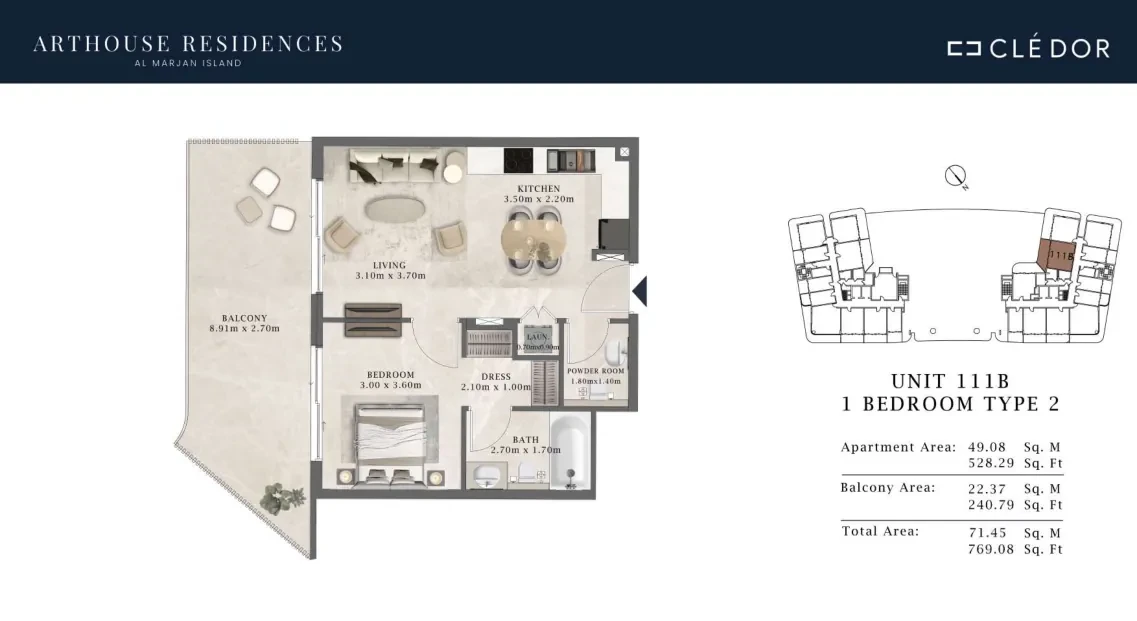 Arthouse Residences Unit 111B 1 bedroom Type 2 floor plan, 769.08 sq ft