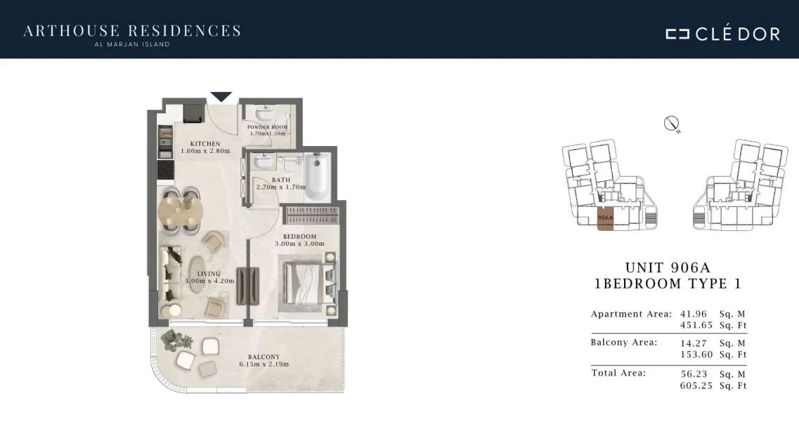 Arthouse Residences Unit 906A 1 bedroom Type 1 floor plan, 605.25 sq ft