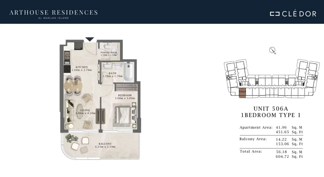 Arthouse Residences Unit 506A 1 bedroom Type 1 floor plan, 604.72 sq ft
