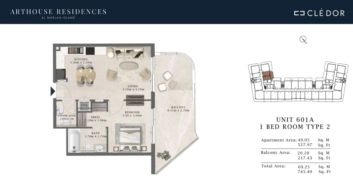 Arthouse Residences Unit 601A 1 bedroom Type 2 floor plan, 745.40 sq ft