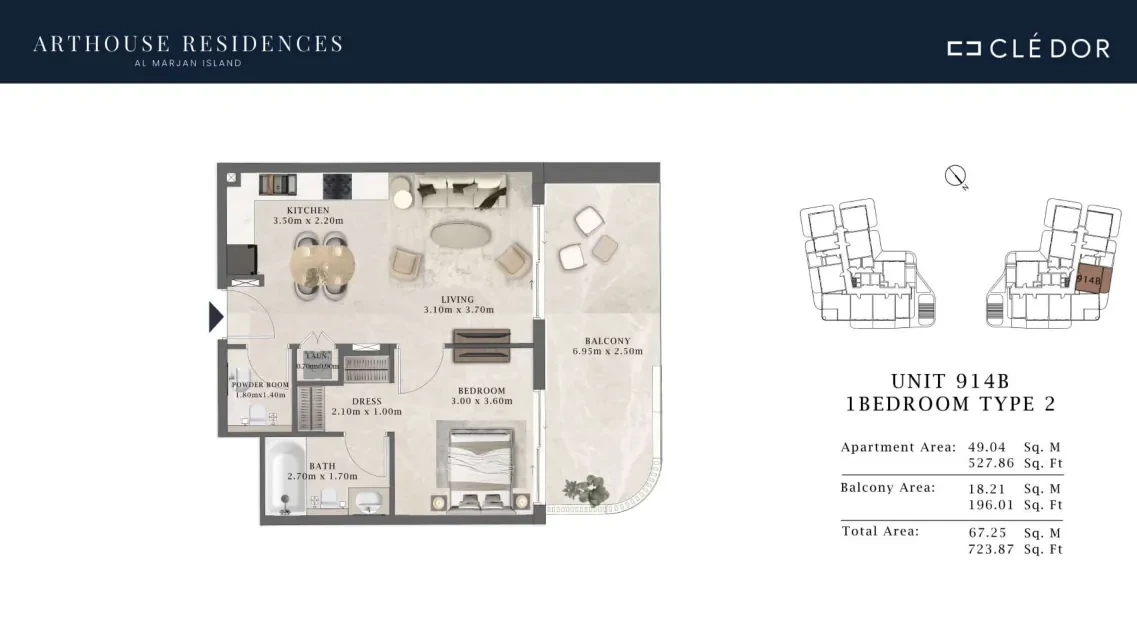 Arthouse Residences Unit 914B 1 bedroom Type 2 floor plan, 723.87 sq ft
