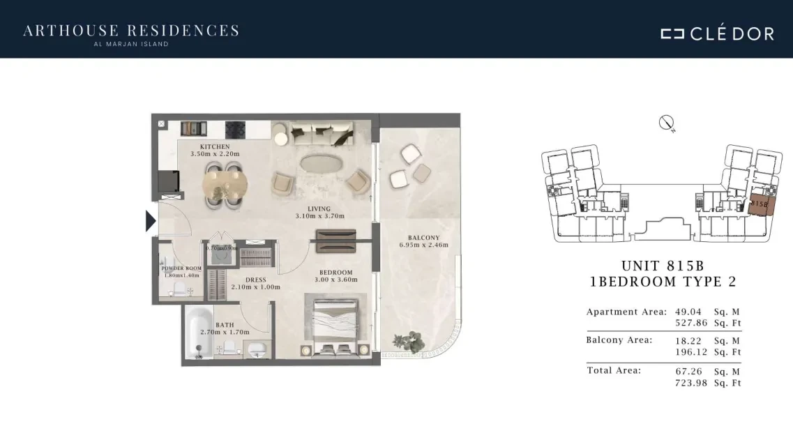 Arthouse Residences Unit 815B 1 bedroom Type 2 floor plan, 723.98 sq ft