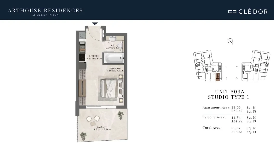 Arthouse Residences Unit 309A studio Type 1 floor plan, 393.64 sq ft