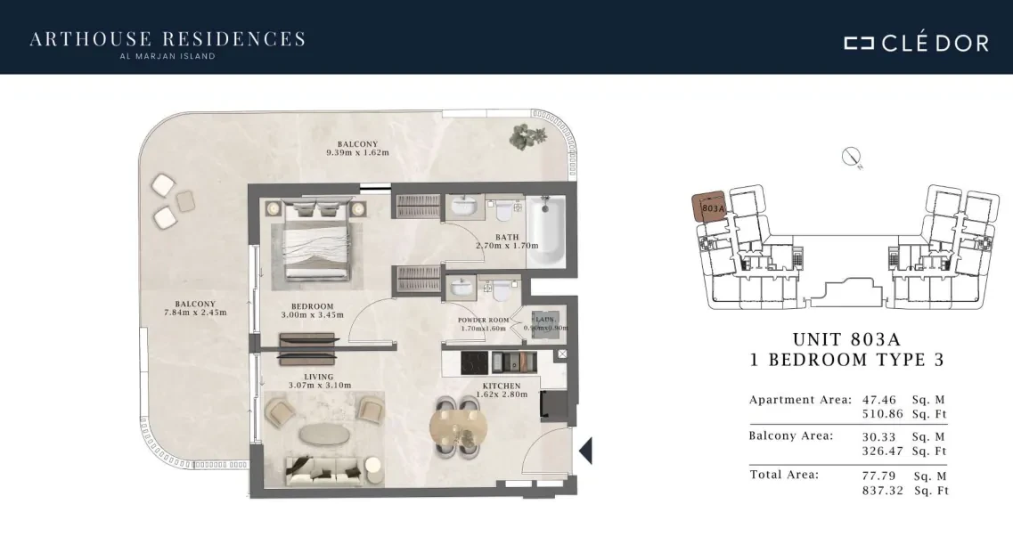 Arthouse Residences Unit 803A 1 bedroom Type 3 floor plan, 837.32 sq ft