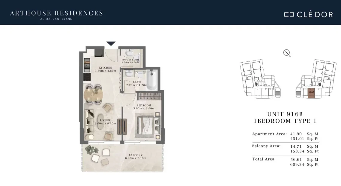 Arthouse Residences Unit 916B 1 bedroom Type 1 floor plan, 609.34 sq ft