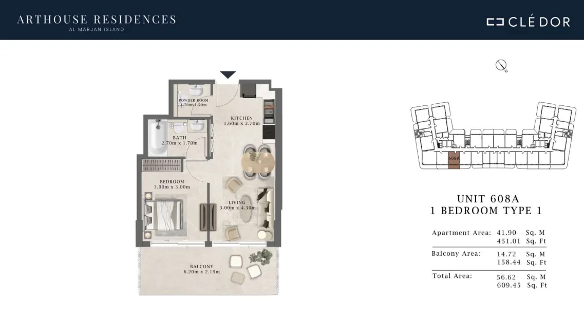 Arthouse Residences Unit 608A 1 bedroom Type 1 floor plan, 609.45 sq ft