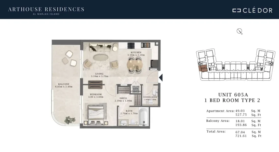 Arthouse Residences Unit 605A 1 bedroom Type 2 floor plan, 721.61 sq ft