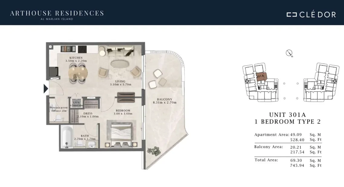 Arthouse Residences Unit 301A 1 bedroom Type 2 floor plan, 745.94 sq ft