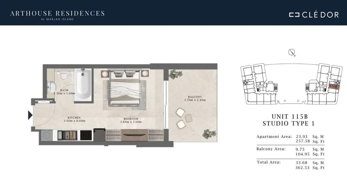 Arthouse Residences Unit 115B studio Type 1 floor plan, 362.53 sq ft