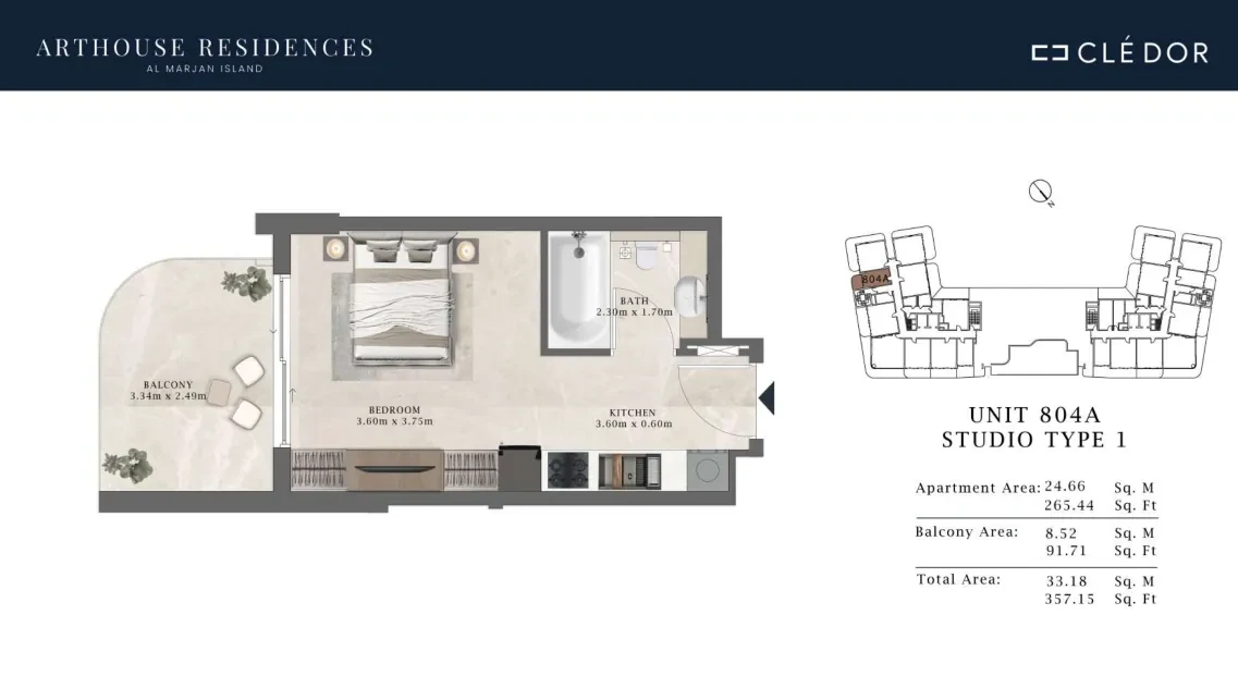 Arthouse Residences Unit 804A studio Type 1 floor plan, 357.15 sq ft