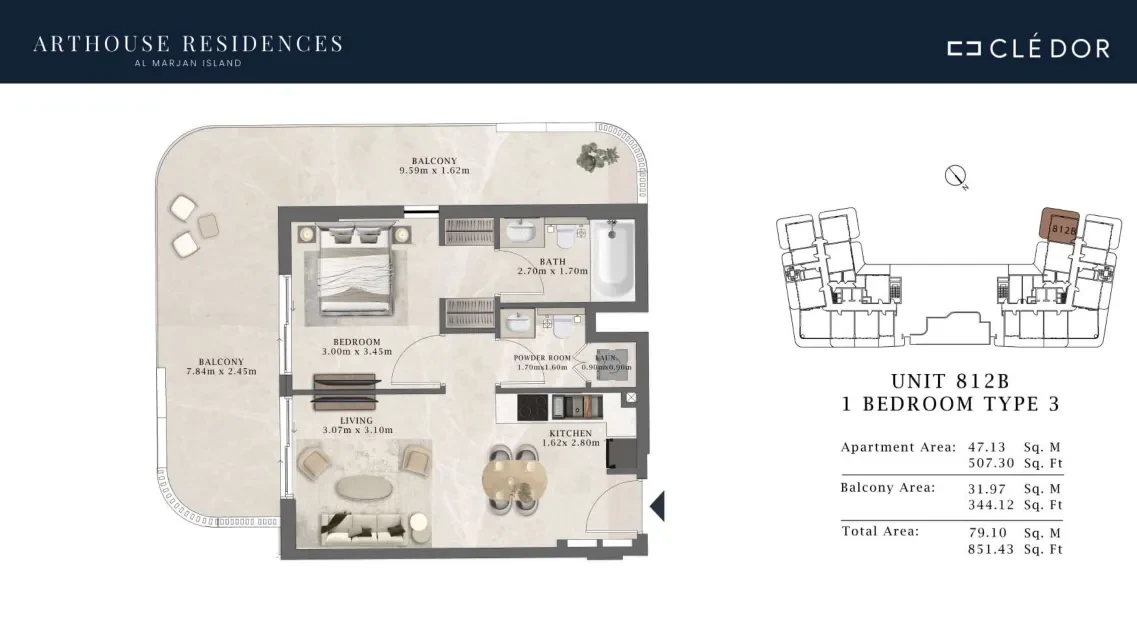 Arthouse Residences Unit 812B 1 bedroom Type 3 floor plan, 851.43 sq ft