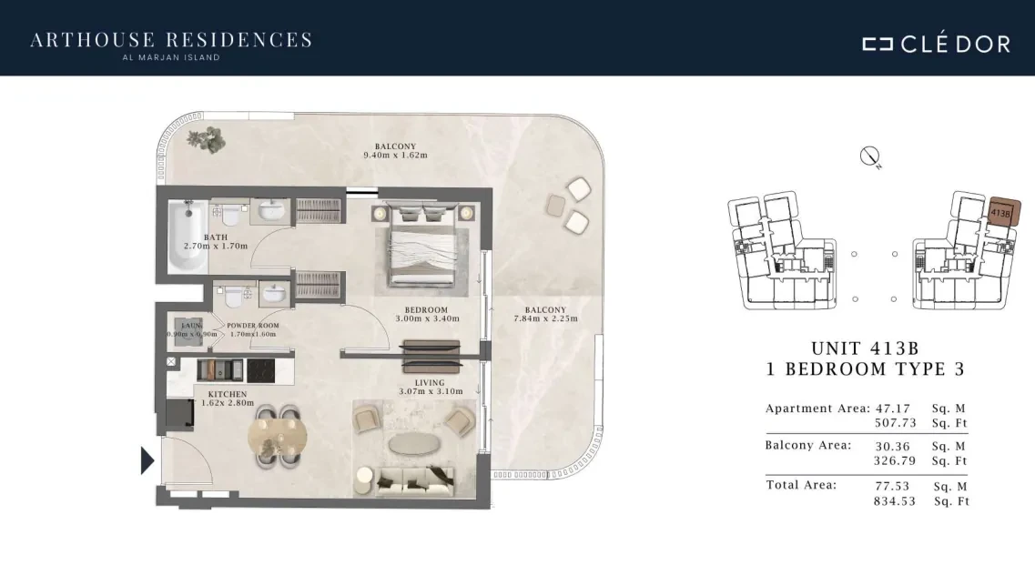 Arthouse Residences Unit 413B 1 bedroom Type 3 floor plan, 834.53 sq ft
