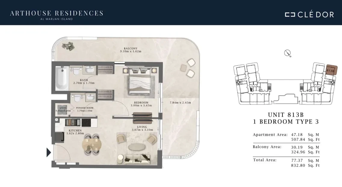 Arthouse Residences Unit 813B 1 bedroom Type 3 floor plan, 832.80 sq ft