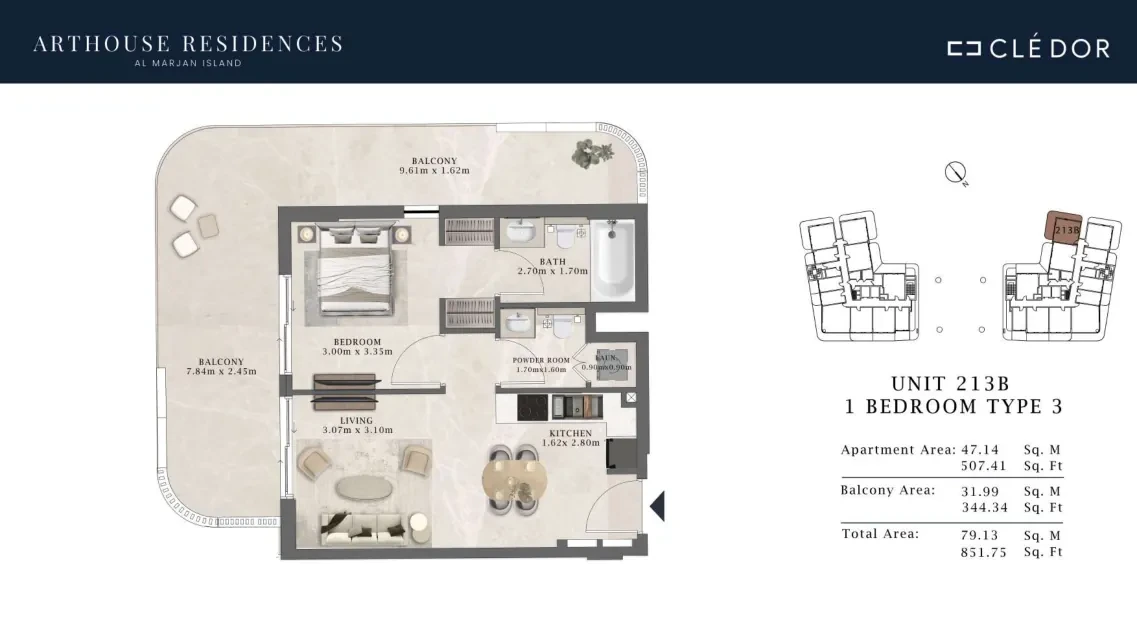 Arthouse Residences Unit 213B 1 bedroom Type 3 floor plan, 851.75 sq ft