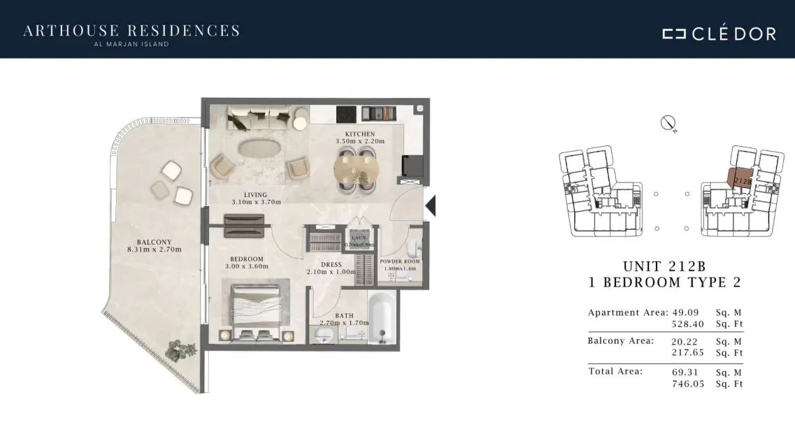 Arthouse Residences Unit 212B 1 bedroom Type 2 floor plan, 746.05 sq ft