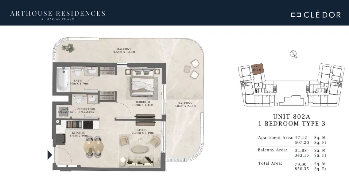 Arthouse Residences Unit 802A 1 bedroom Type 3 floor plan, 850.35 sq ft