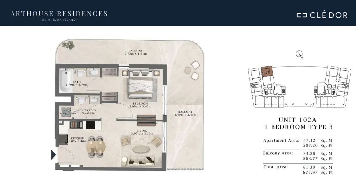 Arthouse Residences Unit 102A 1 bedroom Type 3 floor plan, 875.97 sq ft