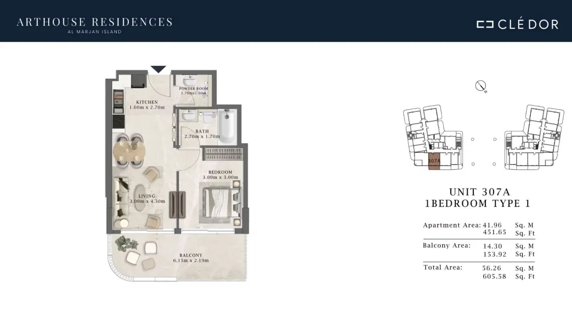 Arthouse Residences Unit 307A 1 bedroom Type 1 floor plan, 605.58 sq ft