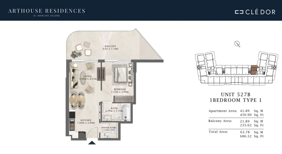 Arthouse Residences Unit 527B 1 bedroom Type 1 floor plan, 686.52 sq ft
