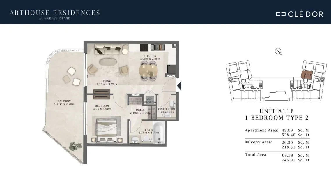Arthouse Residences Unit 811B 1 bedroom Type 2 floor plan, 746.91 sq ft