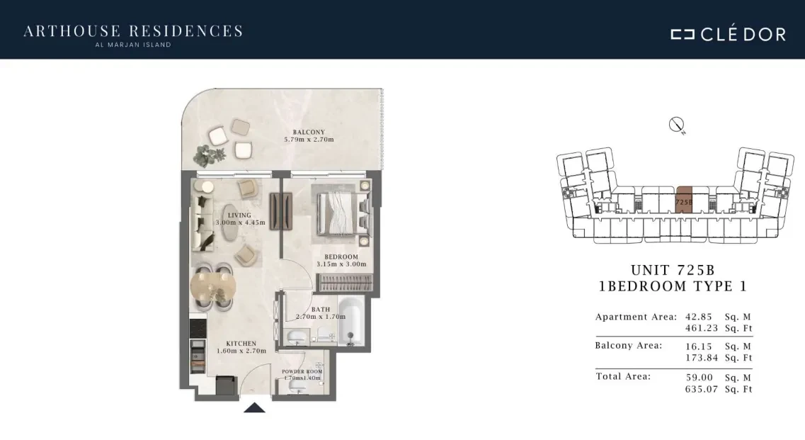 Arthouse Residences Unit 725B 1 bedroom Type 1 floor plan, 635.07 sq ft
