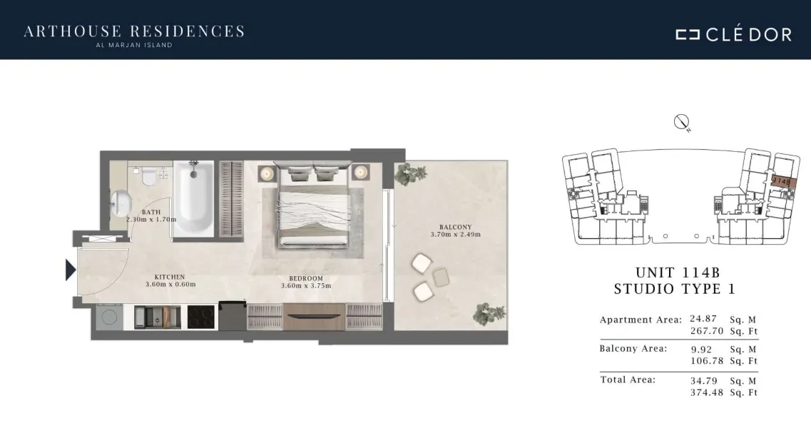 Arthouse Residences Unit 114B studio Type 1 floor plan, 374.48 sq ft