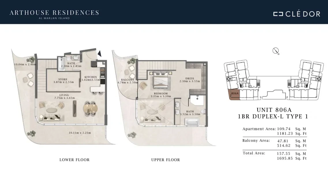 Arthouse Residences Unit 806A 1 bedroom duplex Type 1 floor plan, 1,695.85 sq ft