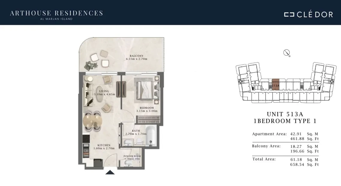 Arthouse Residences Unit 513A 1 bedroom Type 1 floor plan, 658.54 sq ft